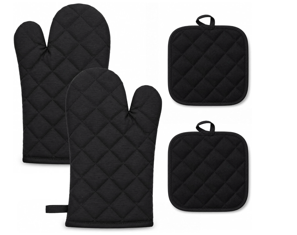 Topflappen und Ofenhandschuhe Set, Hitzebeständiges, Baumwolle, Schwarz 