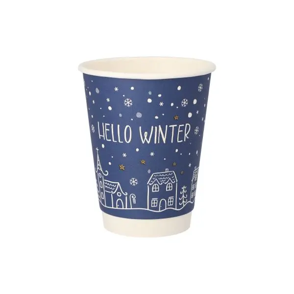 Trinkbecher, Pappe 0,3 l Ø 9 cm · 11,2 cm blau "Hello Winter" doppelwandig 