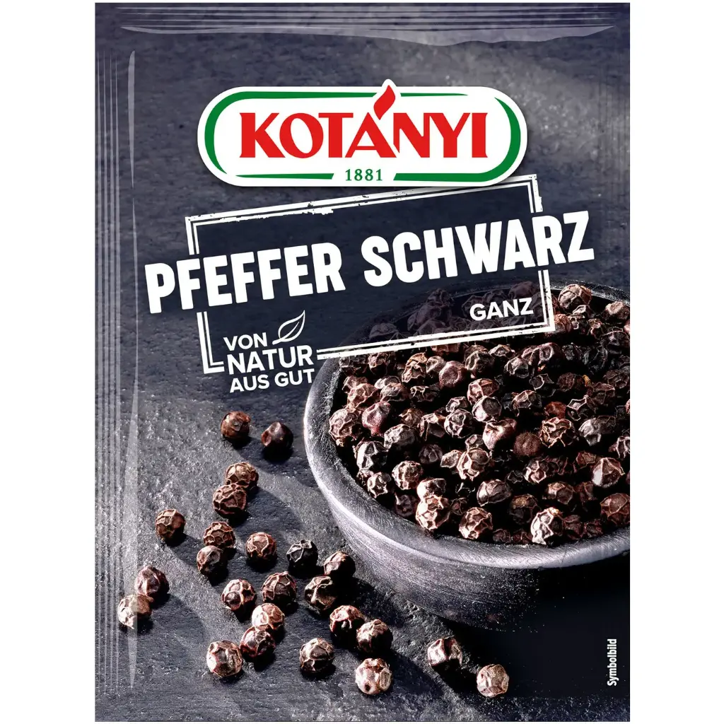 Kotanyi Brief braun, Pfeffer schwarz ganz