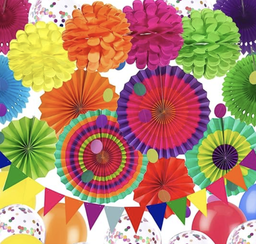 [8654121] Partydekoration mehrfarbige Papierfächer, Pompons, Blumen, Girlanden, Konfetti, Latex-Luftballons, Schnur, gepunktet, dreieckige Wimpelkette